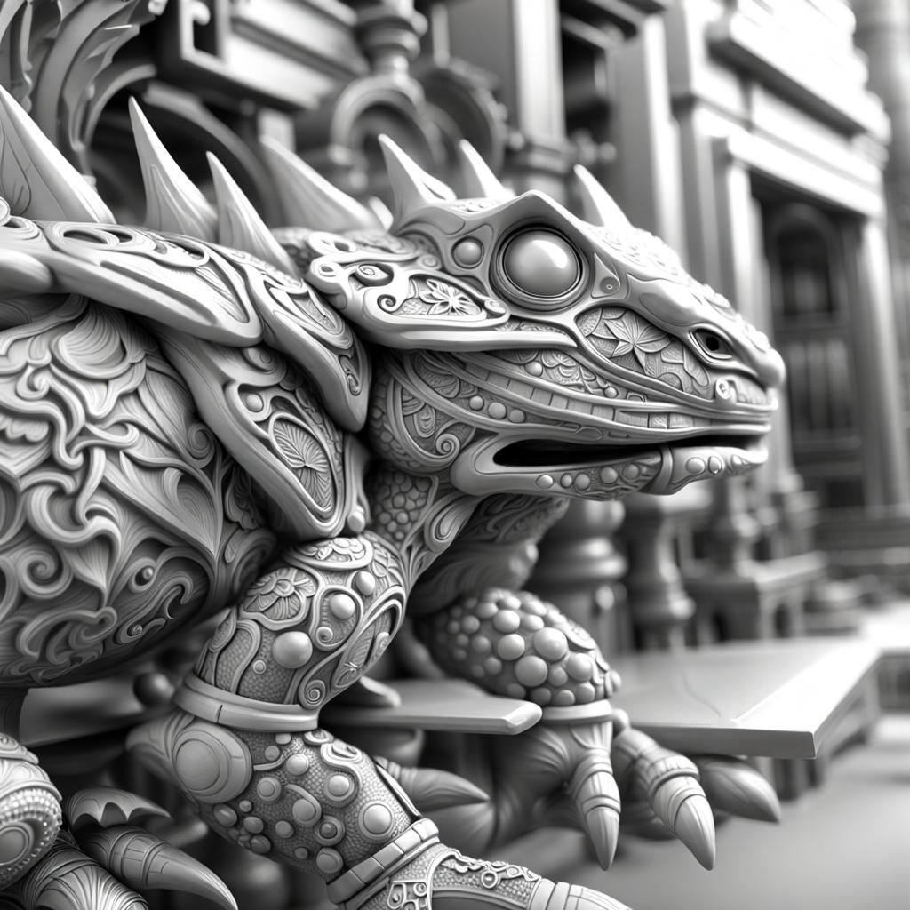 b/w mechanical statue dragon
