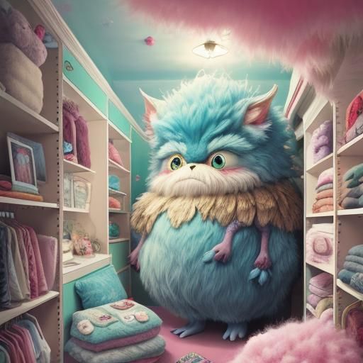Fluffy Fantasy Monster in Closet, Surreal Illustration