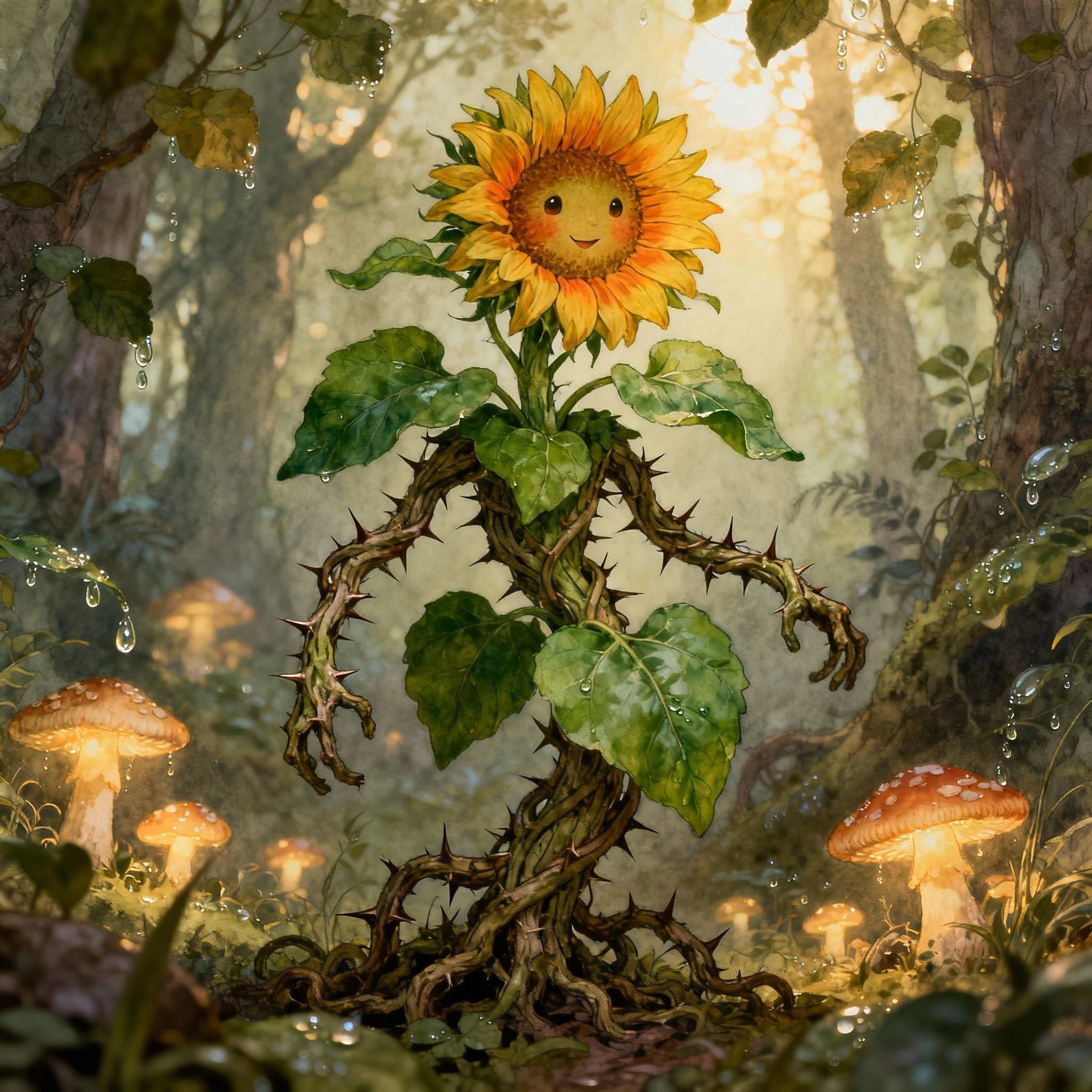 Enchanted Forest Plant with Sunflower Face in Fantasy Style