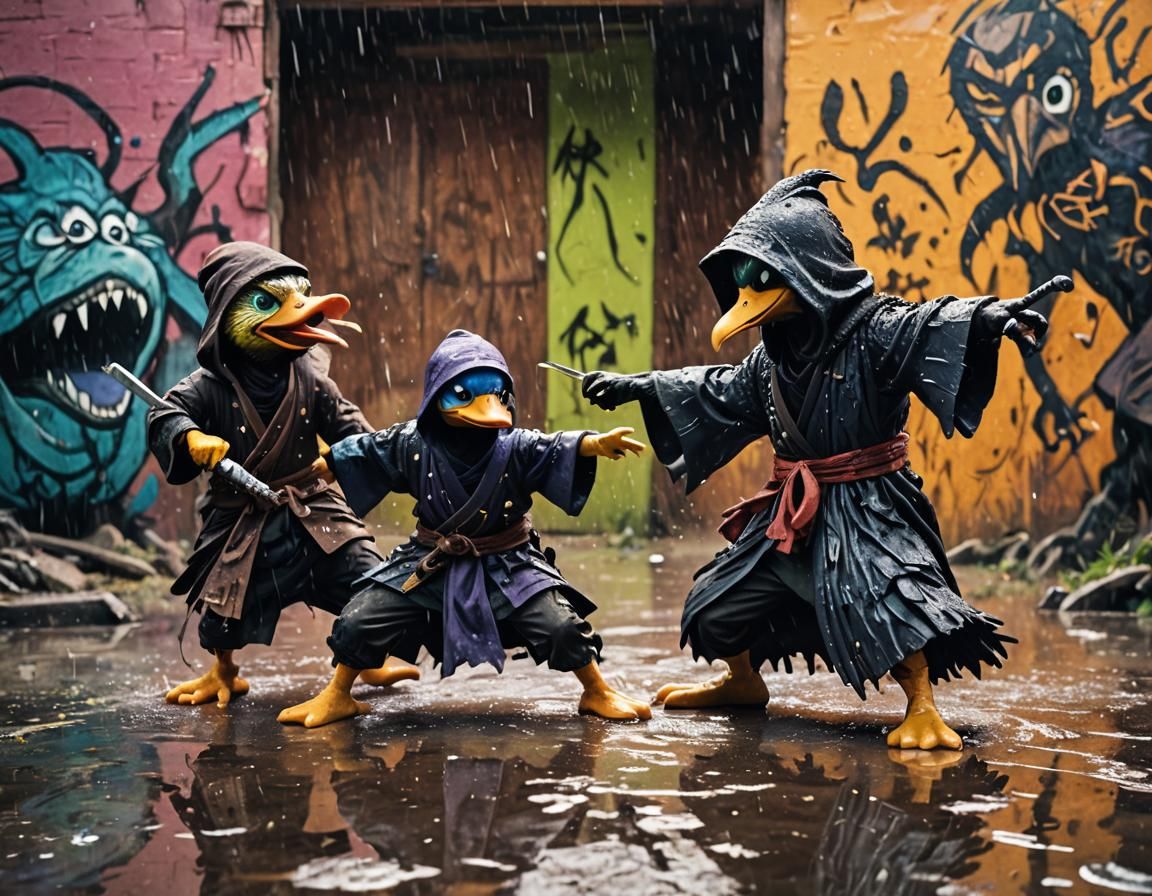 Ninja Duck Kenku Warlock Fighting a Monster