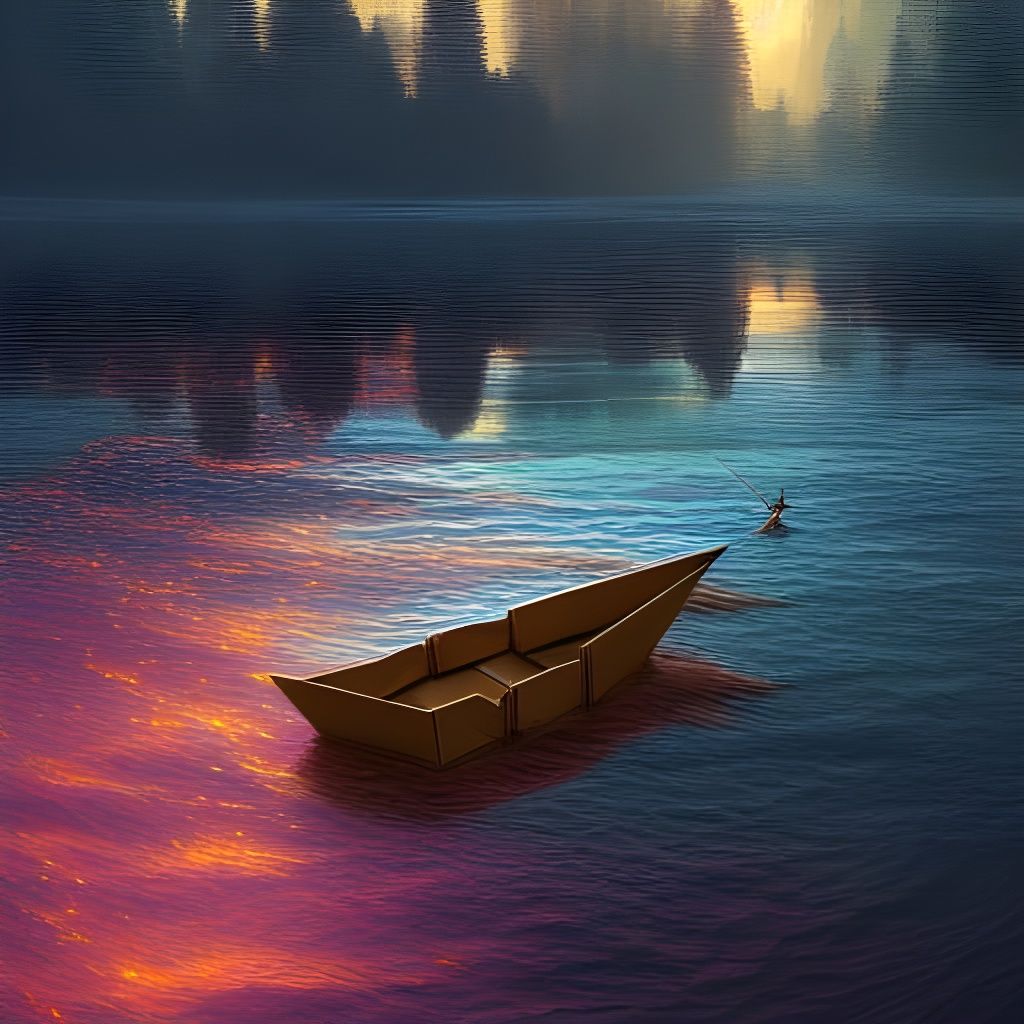 Origami Boat Floats Downstream at Sunset: Fantasy Art