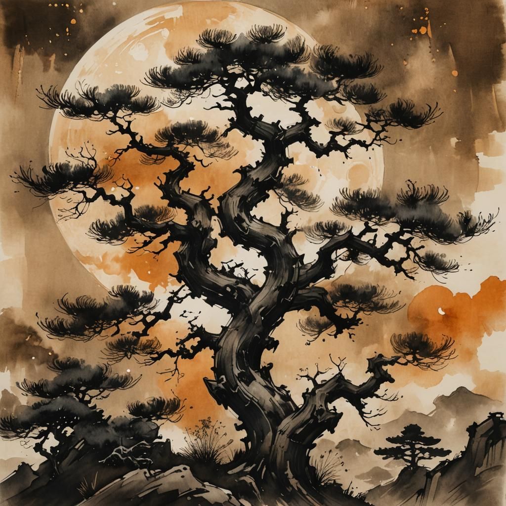 Black Pine Tree and Summer Moon, Ink Wash Painting