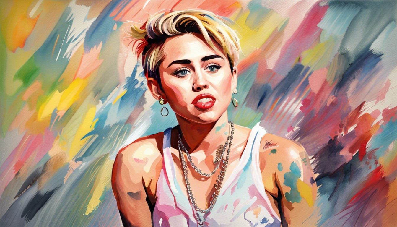 Miley Cyrus Portrait in Gouache Watercolor Style