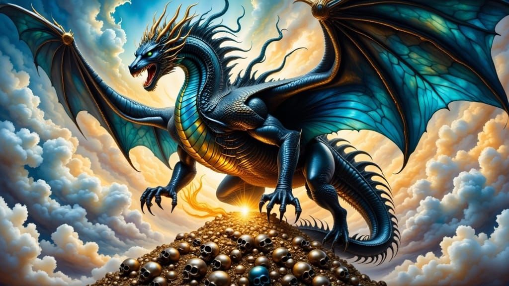 Majestic Dragon of Black Pearl Scales and Golden Claws