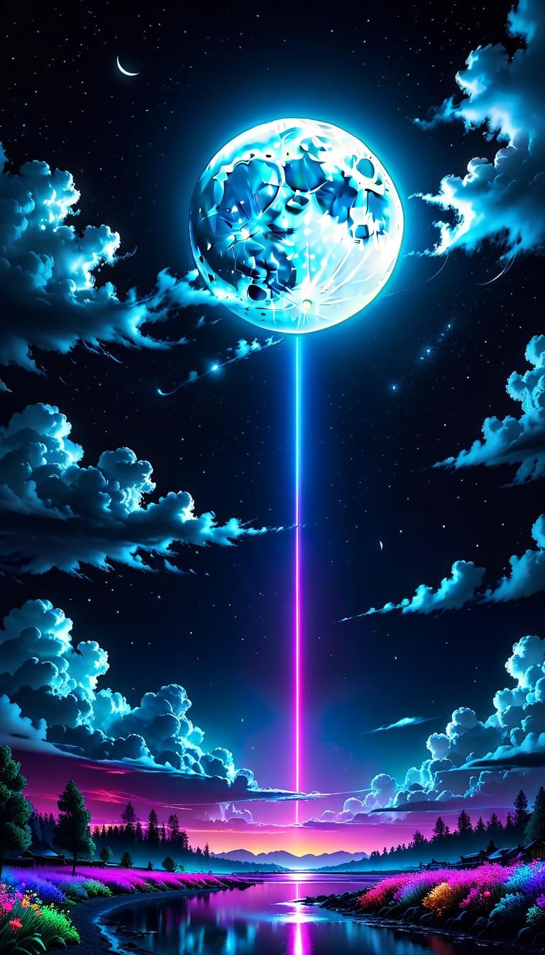 Girl Gazing at Neon Stars in Detailed Ink Art