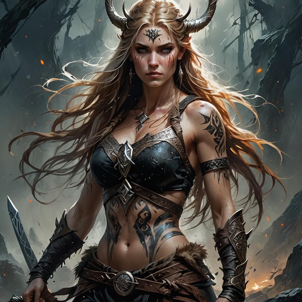 Nordic Viking Woman with Rune Tattoos