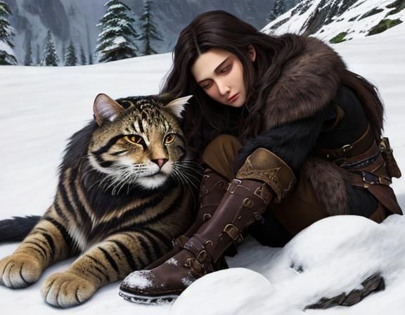 Renaissance Barbarian Warrioress Sleeps with Cat