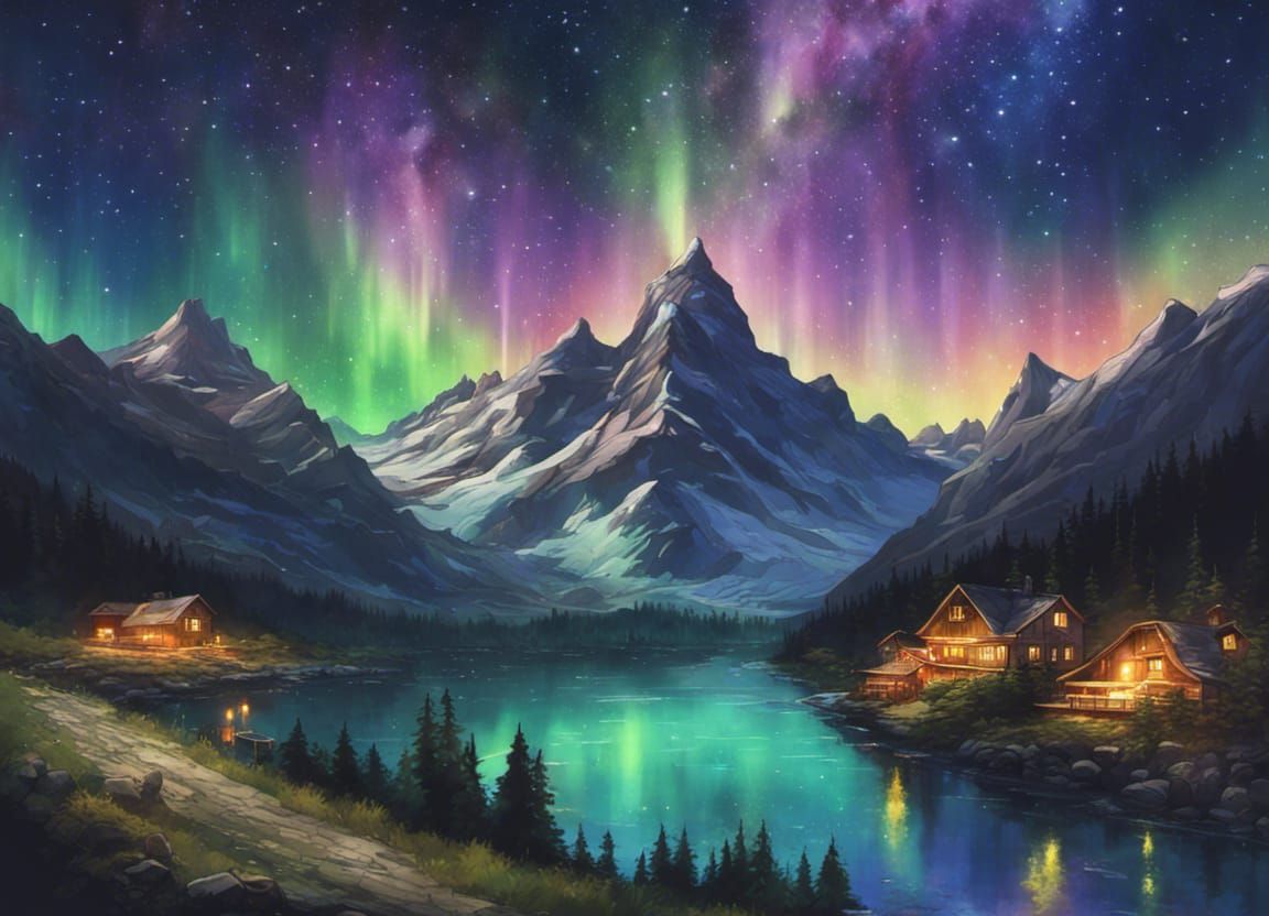 Mountain Aurora Under Starry Milky Way Sky