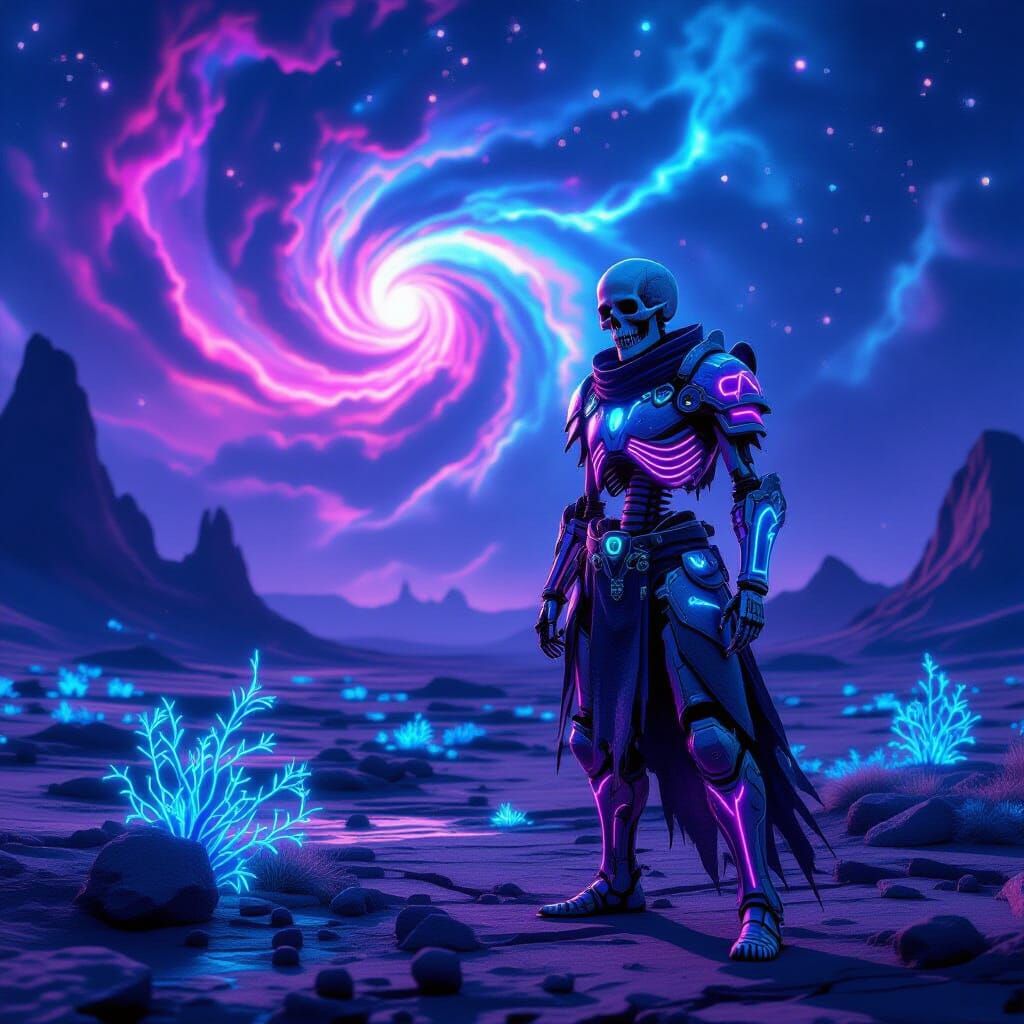 Skeleton Warrior in Neon Armor on Alien Planet