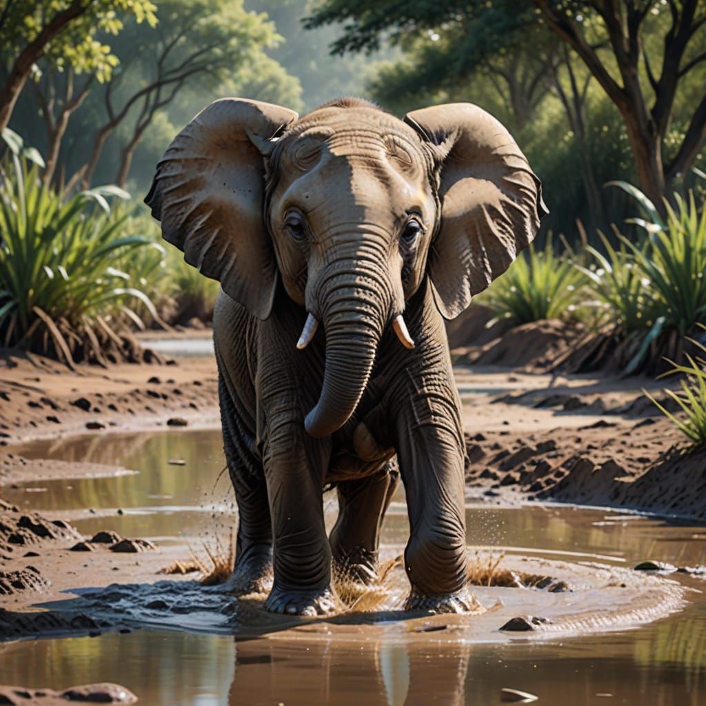 Realistic Wildlife Illustration of Baby Elephant in Muddy Wa...