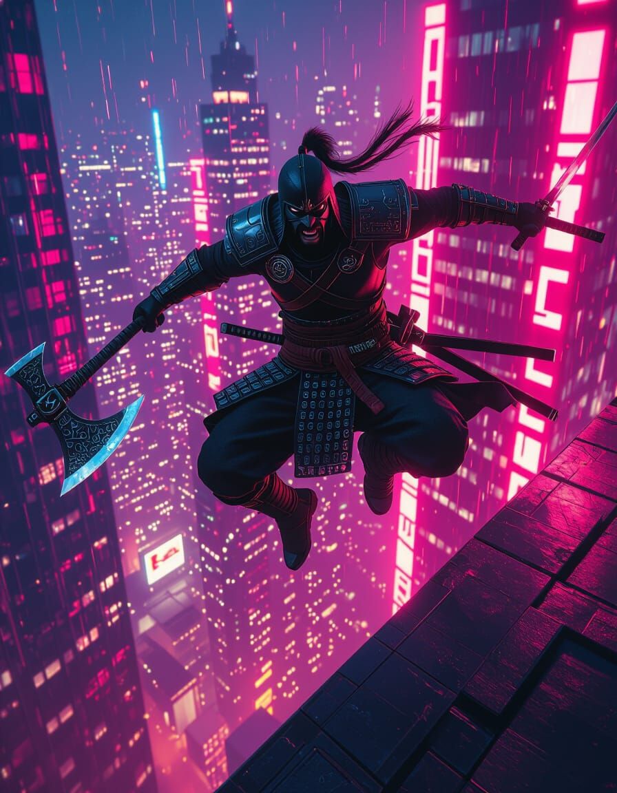 Viking Ninja Leaps from Synthwave Skyscraper