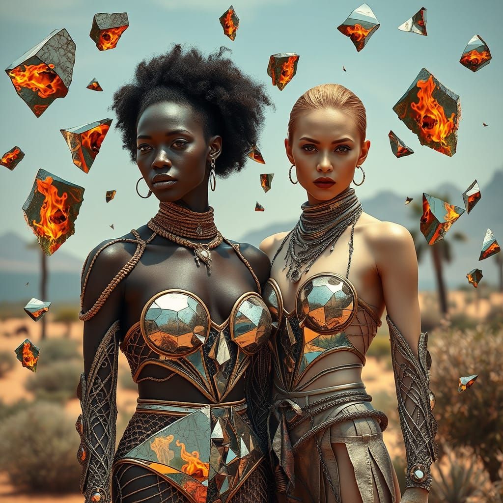 Futuristic Women in Oasis with Burning Mirrors