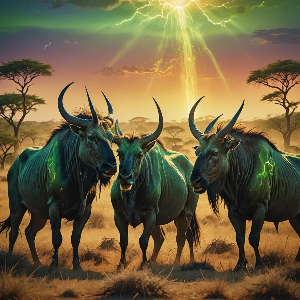 Green Wildebeests Stampede Across the Savannah