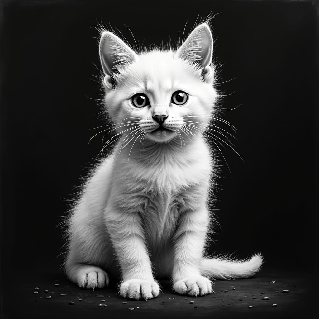 White Kitten Chalk Drawing on Black Canvas