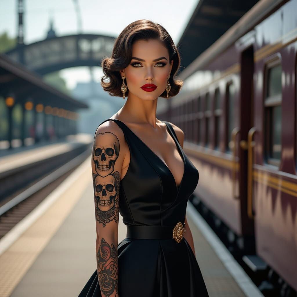 Stylish Woman Skull Tattoo Haute Couture Train Platform