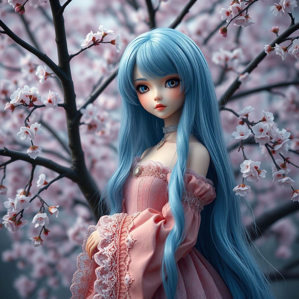Sakura Goddess Doll in a Vibrant Digital Landscape