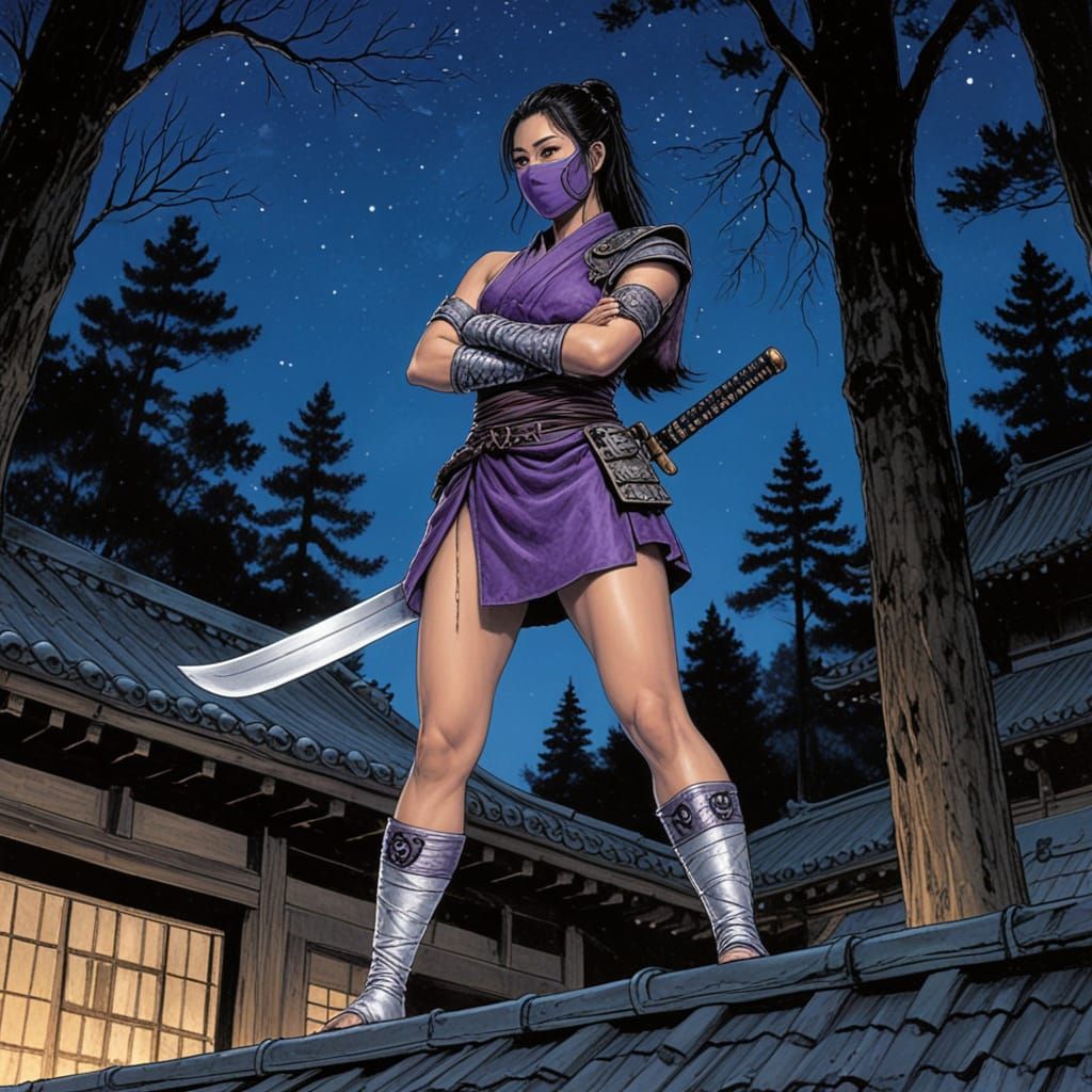 Ninja Warrior in Purple Coat Under Starry Sky