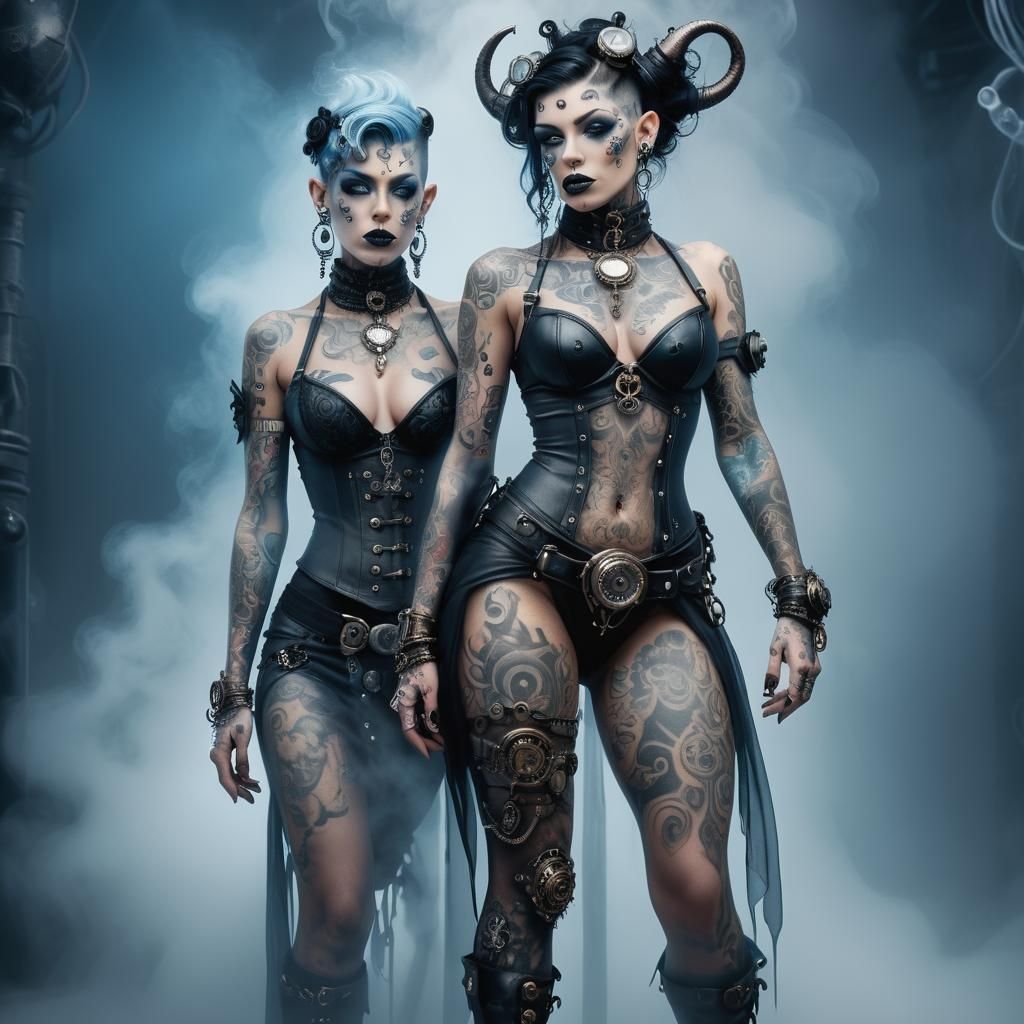 Steampunk Demon Woman Portrait in Monochromatic Mist