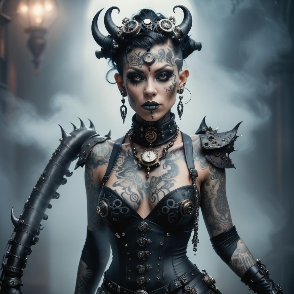 Steampunk Demon Woman Portrait in Misty Monochrome