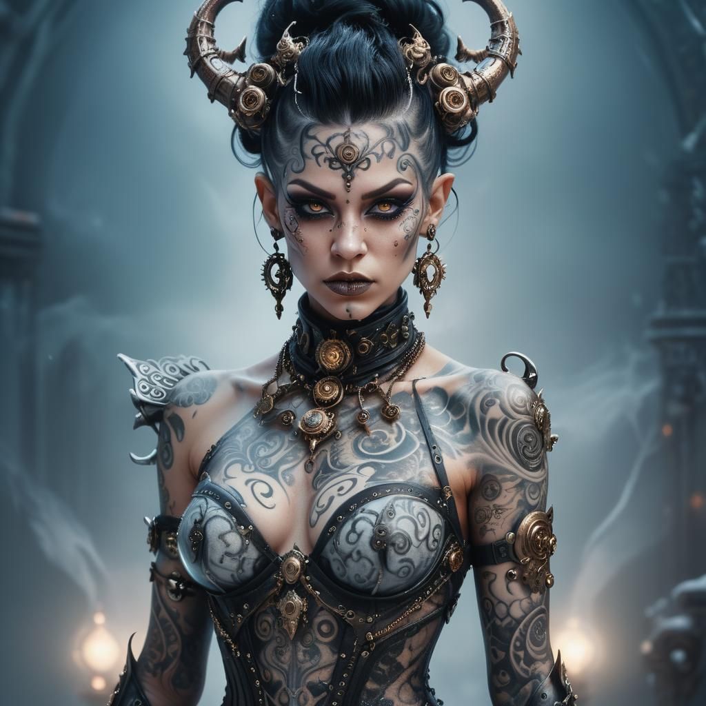 Steampunk Demon Woman Portrait in Digital Art Style