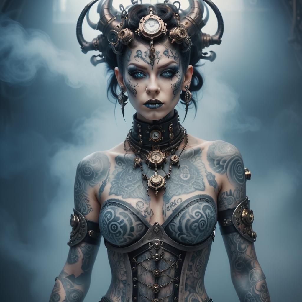 Steampunk Demon Woman Portrait in Monochromatic Winter