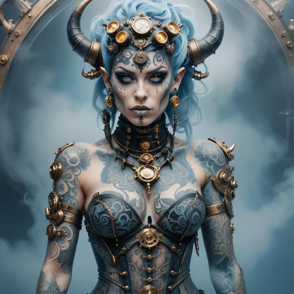 Steampunk Demon Woman Portrait in Monochromatic Winter Style