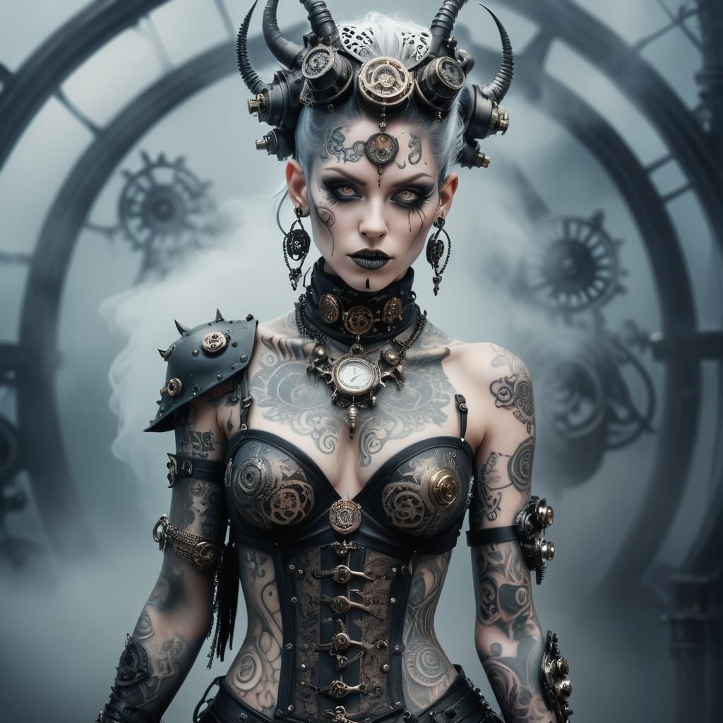 Steampunk Demon Woman Portrait in Monochromatic Mist