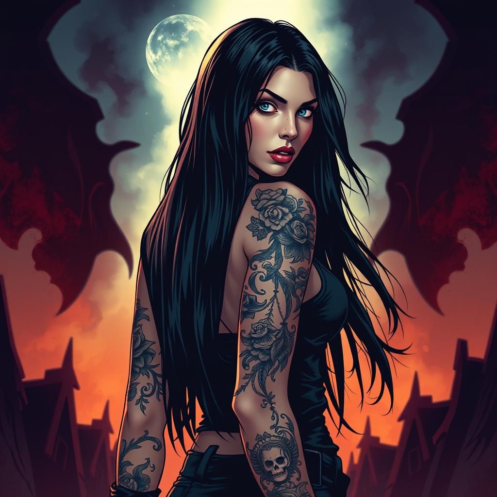 Tattooed Woman with Black Hair in Comic Book Style