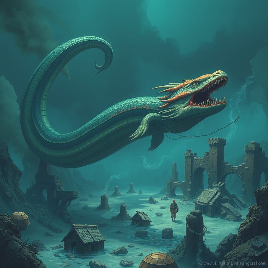 Giant Sea Serpent Over Submerged City Ruins