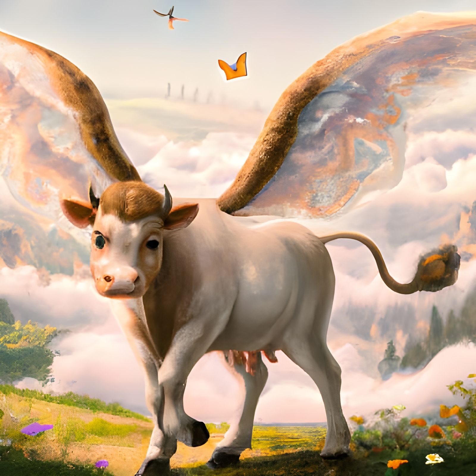 Whimsical Winged Cow in a Kinkade-esque Landscape