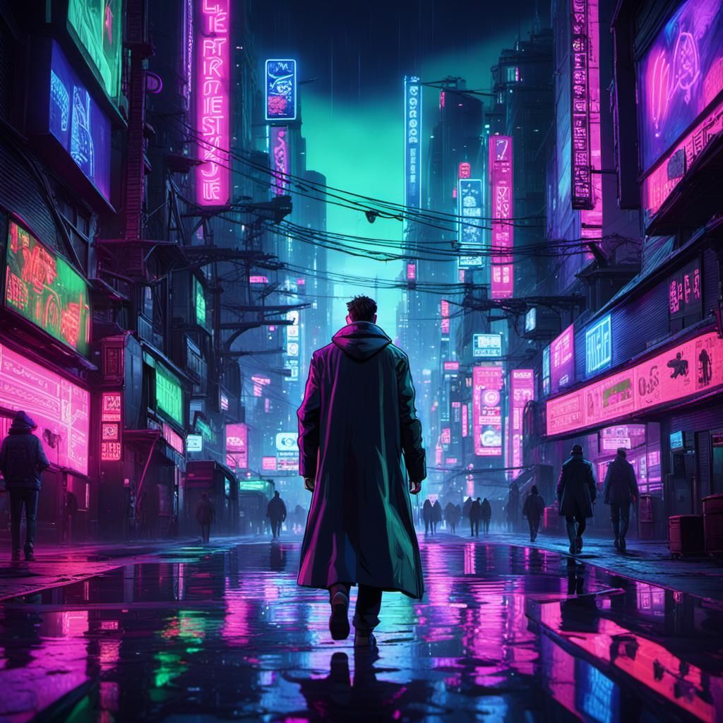 Cyberpunk Streets with Neon Lights at Night