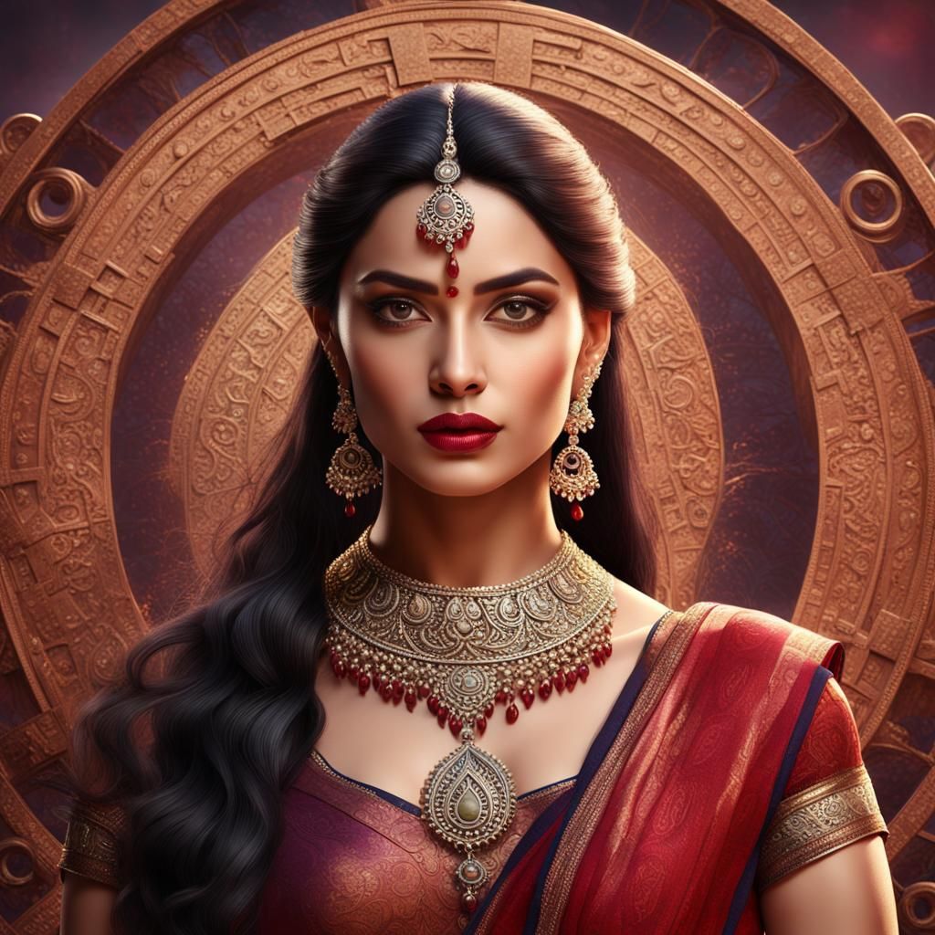 Beautiful Latina Warrior in Indian Saree: 3D Rendering