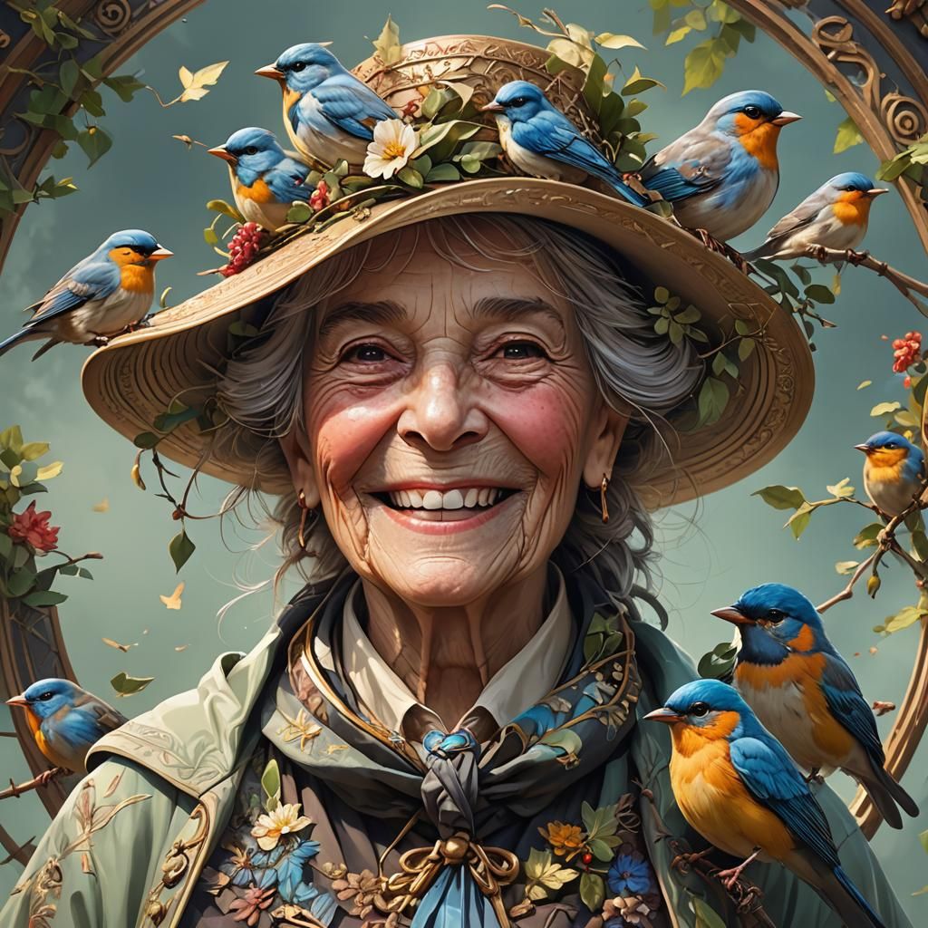 Songbirds Adorn Smiling Woman's Hat: Ultra Realistic Portrai...