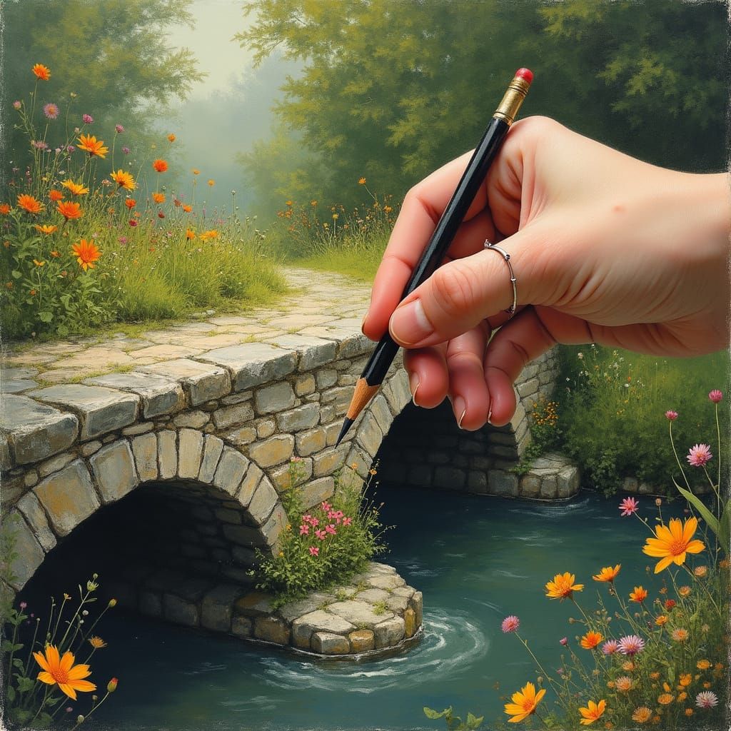 A Delicate Hand Prepares to Draw Across the Weathered Bridge