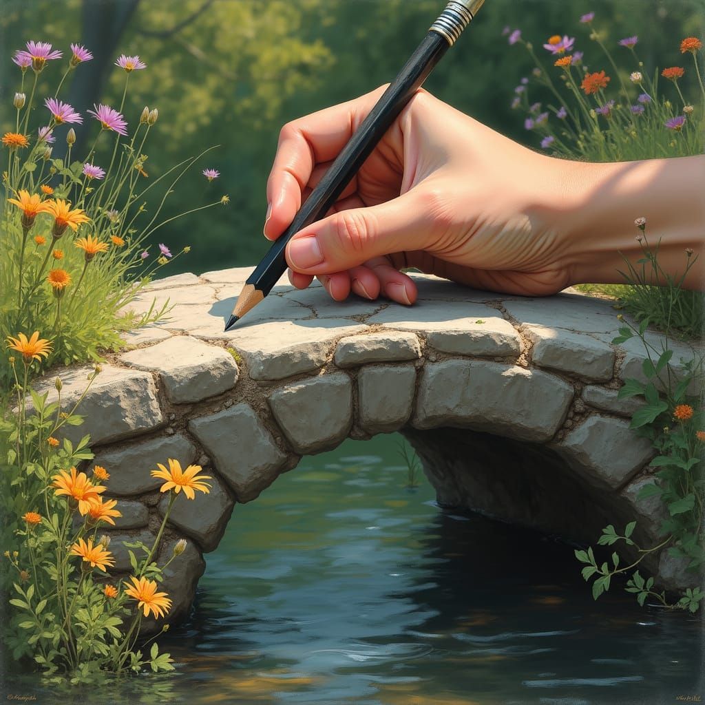 Delicate Hand Prepares to Draw Across Weathered Bridge in Vi...