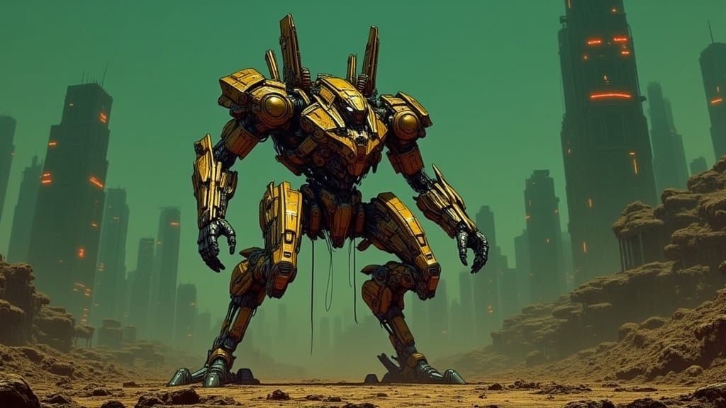 Cyberpunk Bipedal Mecha in Ruined Cairo Skyline