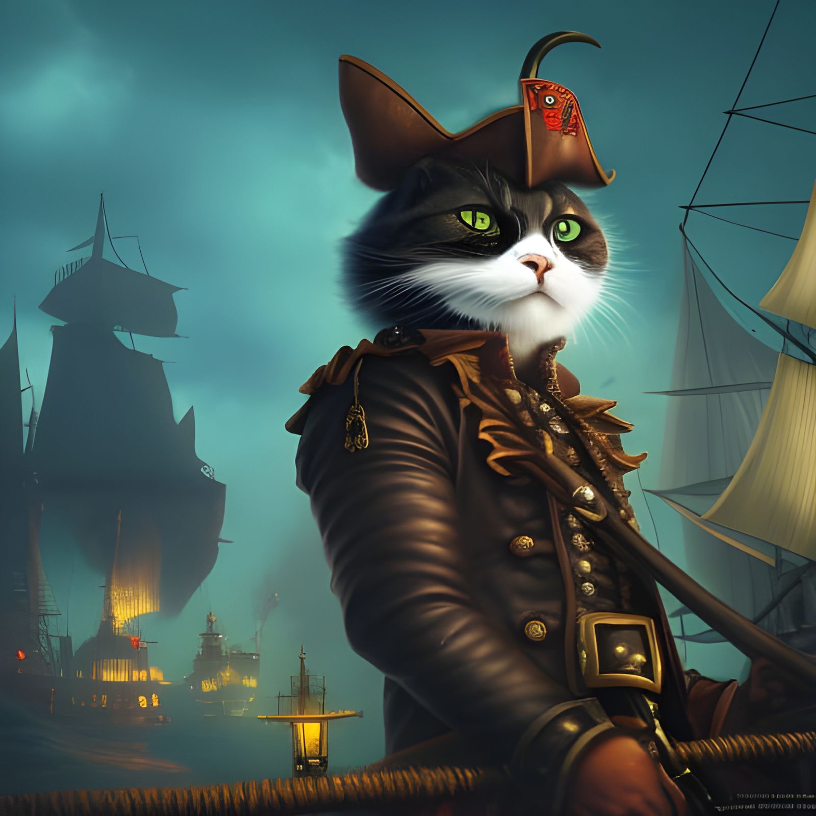 Detailed Pirate Cat on Ship, Fantasy Concept Art