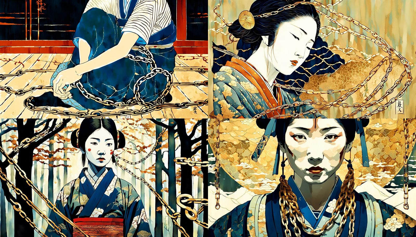 Kintsugi Ukiyo-e: Woman in Chains, Acrylic on Canvas