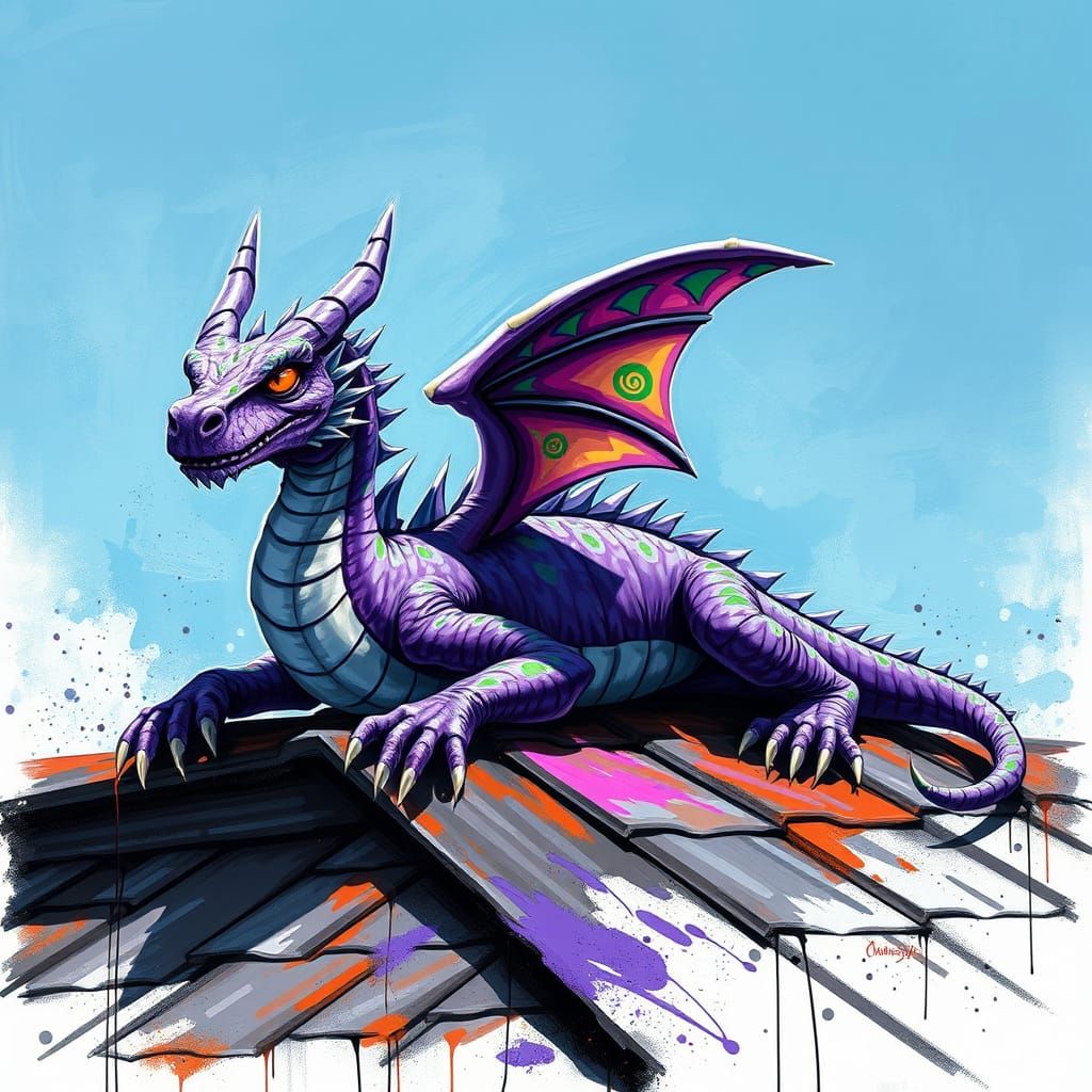 Vibrant Violet Dragon on Rooftop Graffiti