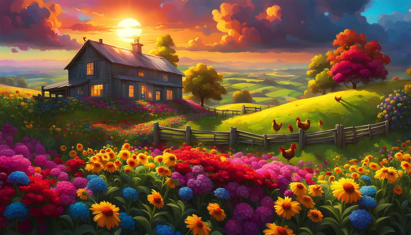 Abstract Farmhouse Landscape with Chickens, Naive Art