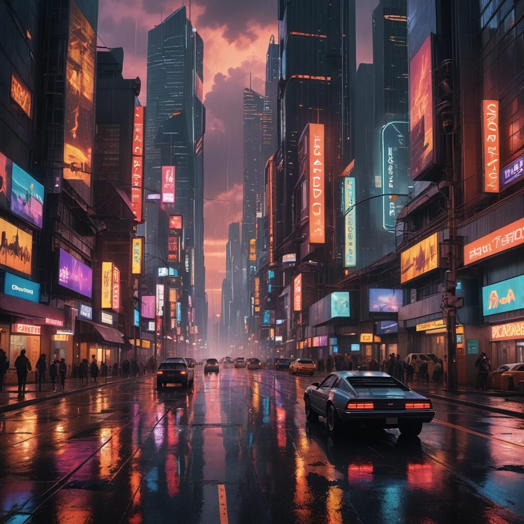 Neon Metropolis at Dusk: A Digital Matte Painting