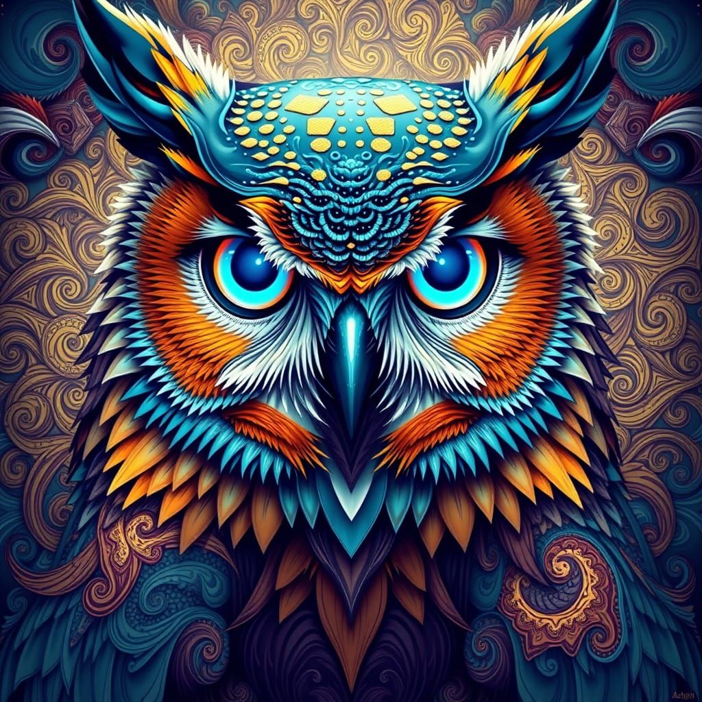 Electric Blue Owl in Vibrant Fractal Patterns