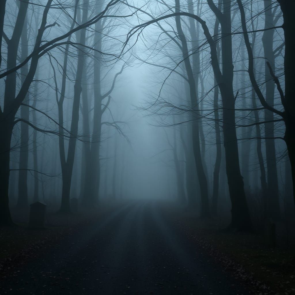 Eerie Path to Cemetery in Foggy Forest