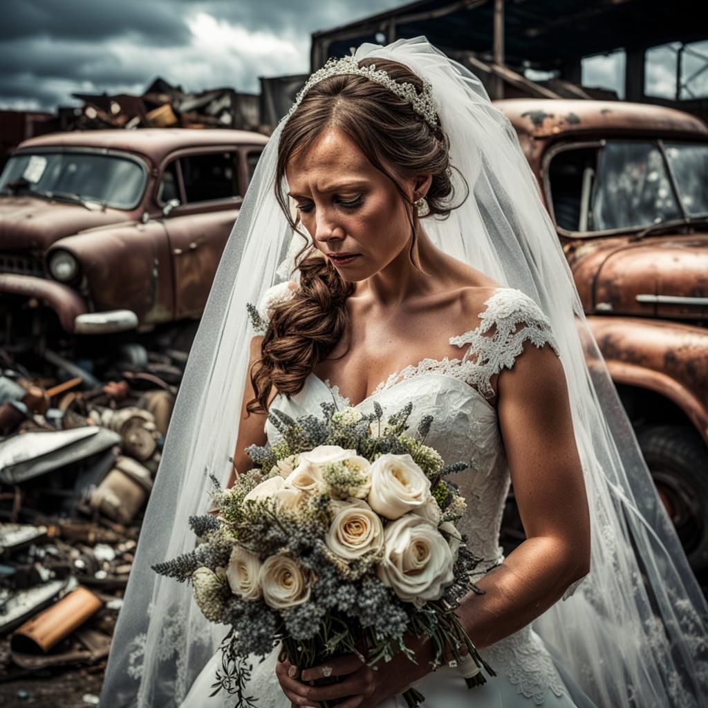 Crying Bride in Junkyard: Hyperrealistic 64 Megapixel Image