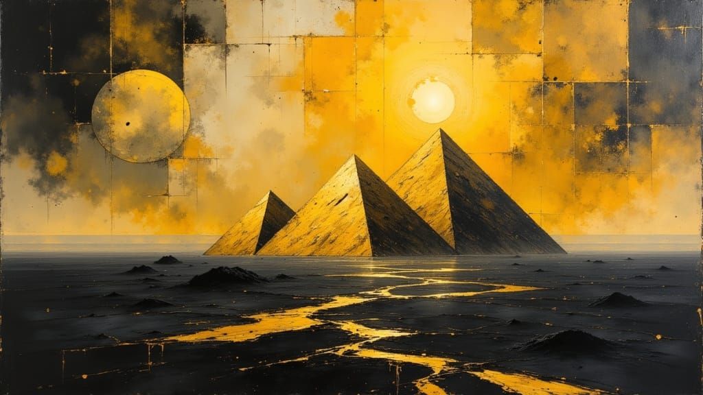 Surreal Golden Pyramids in Abstract Geometric Sky