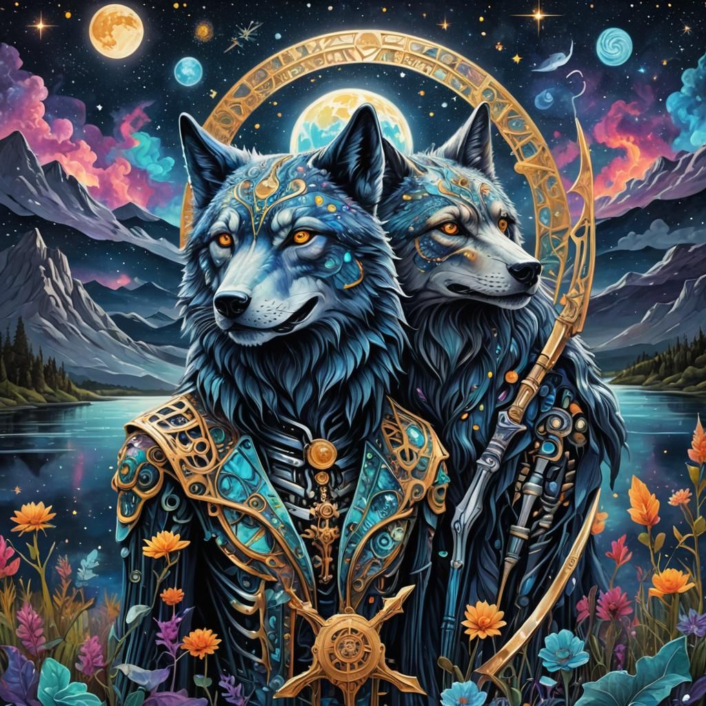 Cosmic Wolf Head with Scythe in Starry Night