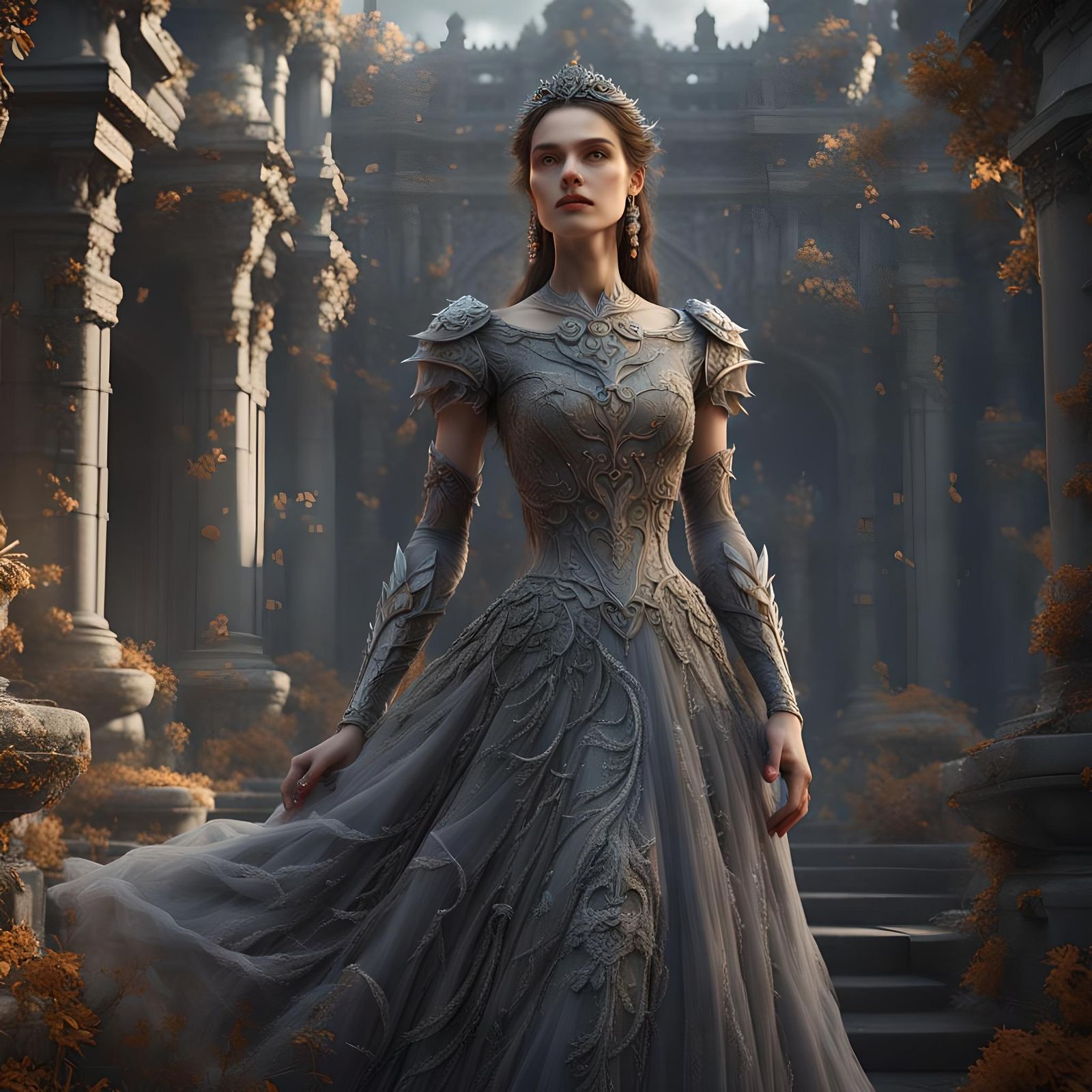 Woman in Intricate Grey Dress: Detailed Matte Painting