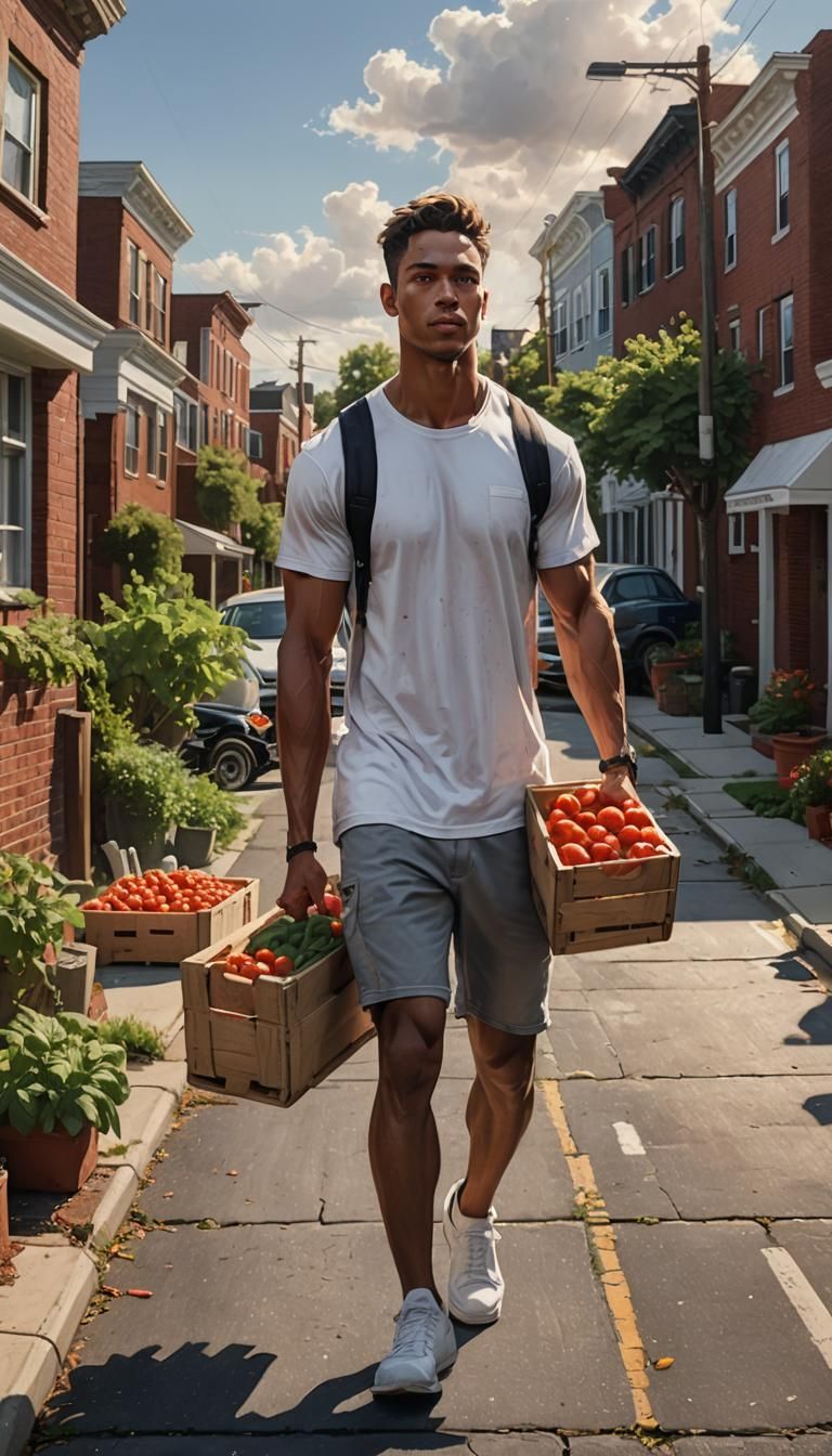 Photorealistic Man with Tomatoes in Pop Art Style