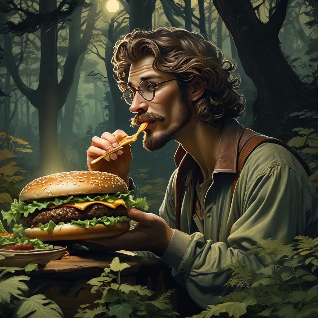 Art Deco Hipster Eating Hamburger in Forest