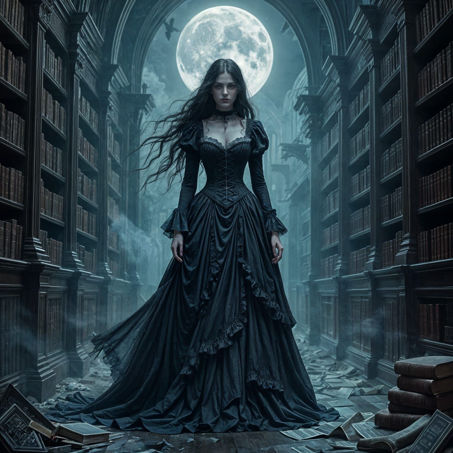 Ghostly Woman in Gothic Library, Victorian Horror Style